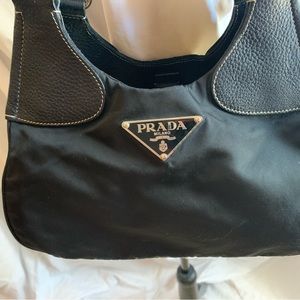 Prada black nylon and leather hobo shoulder bag with double straps